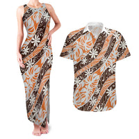 Puatou Tahiti Tiare Monstera Couples Matching Tank Maxi Dress and Hawaiian Shirt Polynesian Pattern Curve Style LT01 Orange - Polynesian Pride