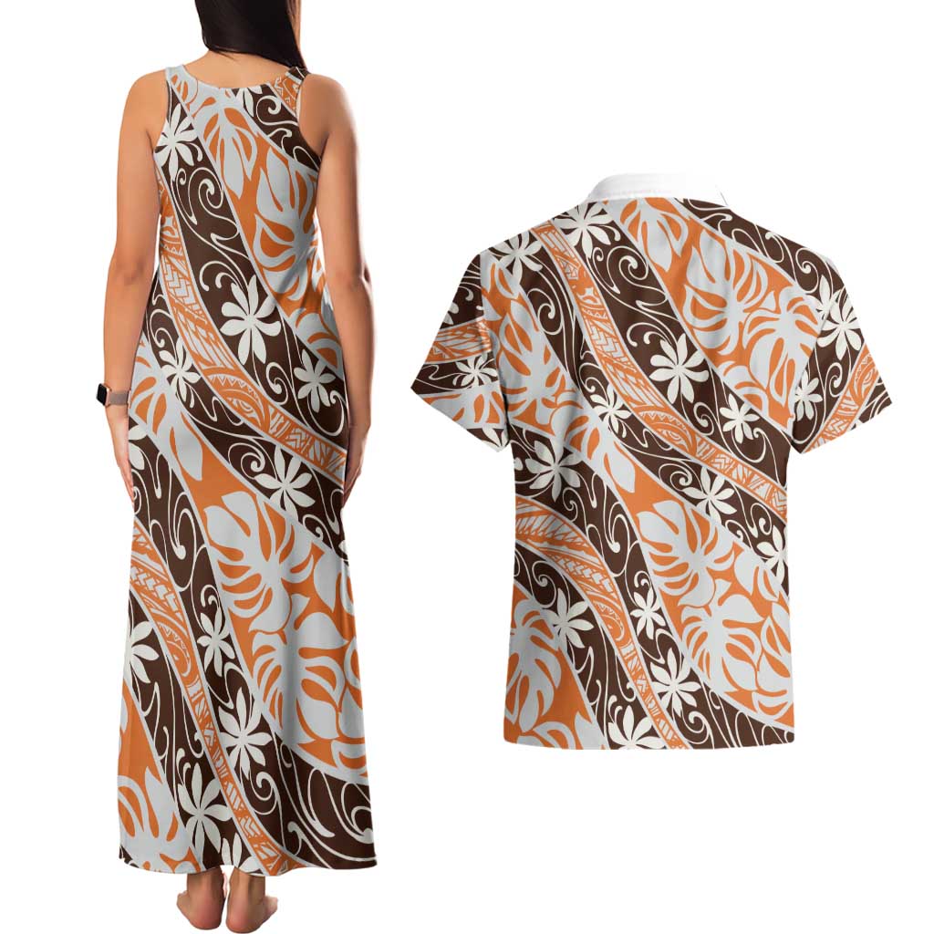 Puatou Tahiti Tiare Monstera Couples Matching Tank Maxi Dress and Hawaiian Shirt Polynesian Pattern Curve Style LT01 - Polynesian Pride