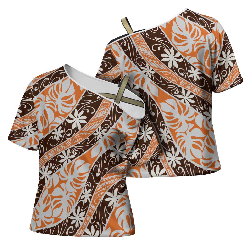 Puatou Tahiti Tiare Monstera Cross Shoulder Shirt Polynesian Pattern Curve Style - Polynesian Pride