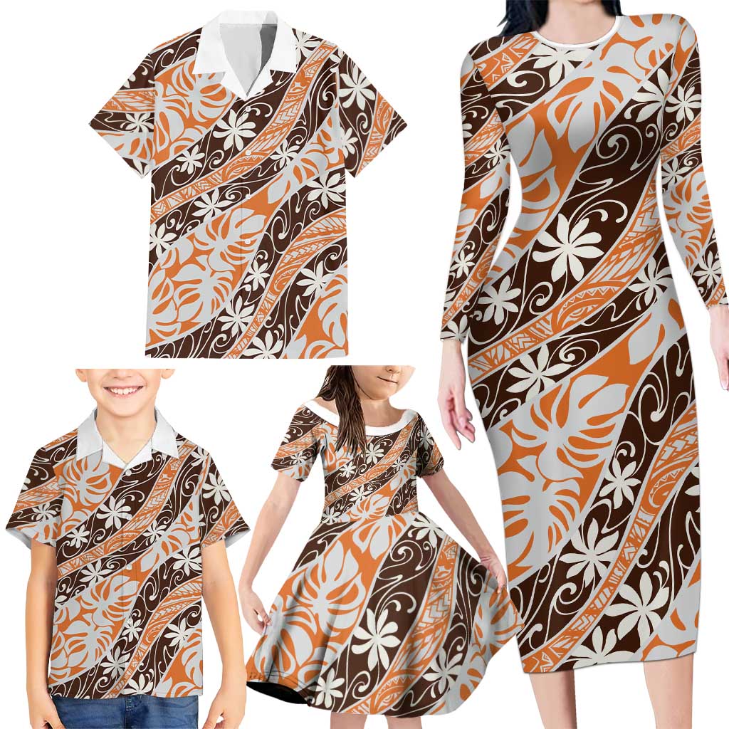 Puatou Tahiti Tiare Monstera Family Matching Long Sleeve Bodycon Dress and Hawaiian Shirt Polynesian Pattern Curve Style - Polynesian Pride