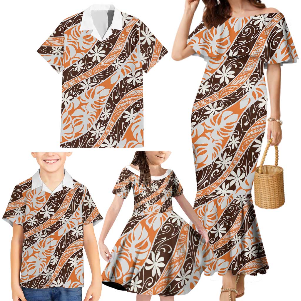 Puatou Tahiti Tiare Monstera Family Matching Mermaid Dress and Hawaiian Shirt Polynesian Pattern Curve Style - Polynesian Pride