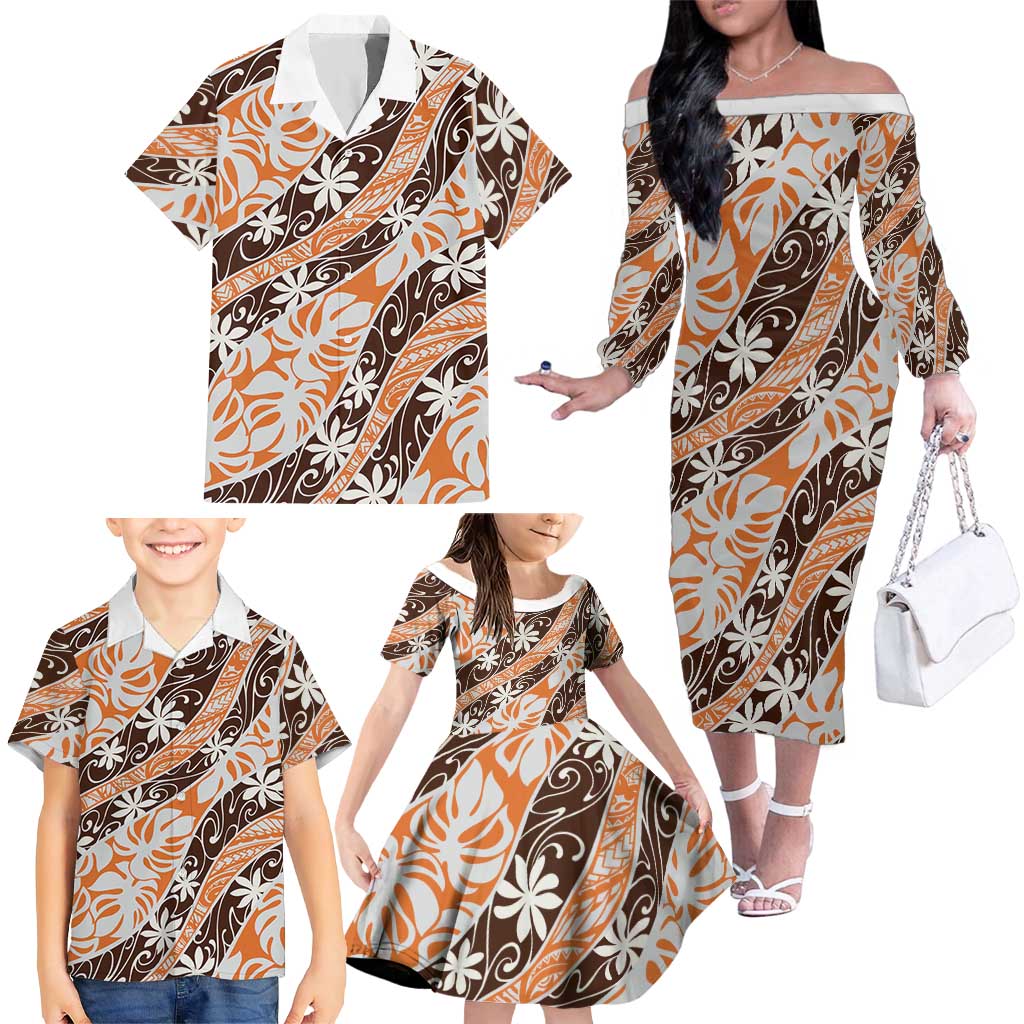 Puatou Tahiti Tiare Monstera Family Matching Off The Shoulder Long Sleeve Dress and Hawaiian Shirt Polynesian Pattern Curve Style LT01 - Polynesian Pride