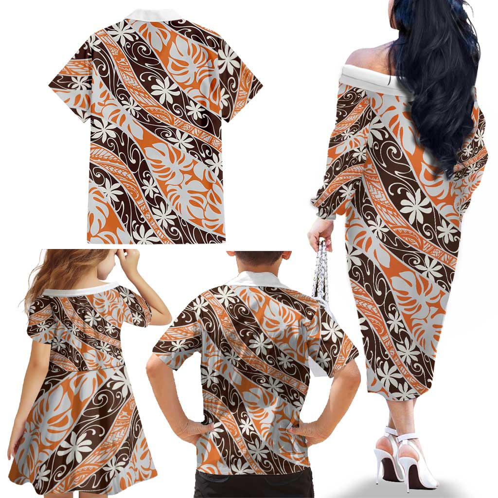 Puatou Tahiti Tiare Monstera Family Matching Off The Shoulder Long Sleeve Dress and Hawaiian Shirt Polynesian Pattern Curve Style LT01 - Polynesian Pride