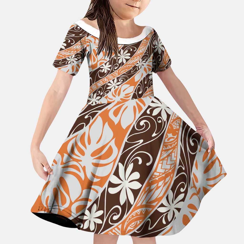 Puatou Tahiti Tiare Monstera Family Matching Off Shoulder Maxi Dress and Hawaiian Shirt Polynesian Pattern Curve Style LT01 Daughter's Dress Orange - Polynesian Pride