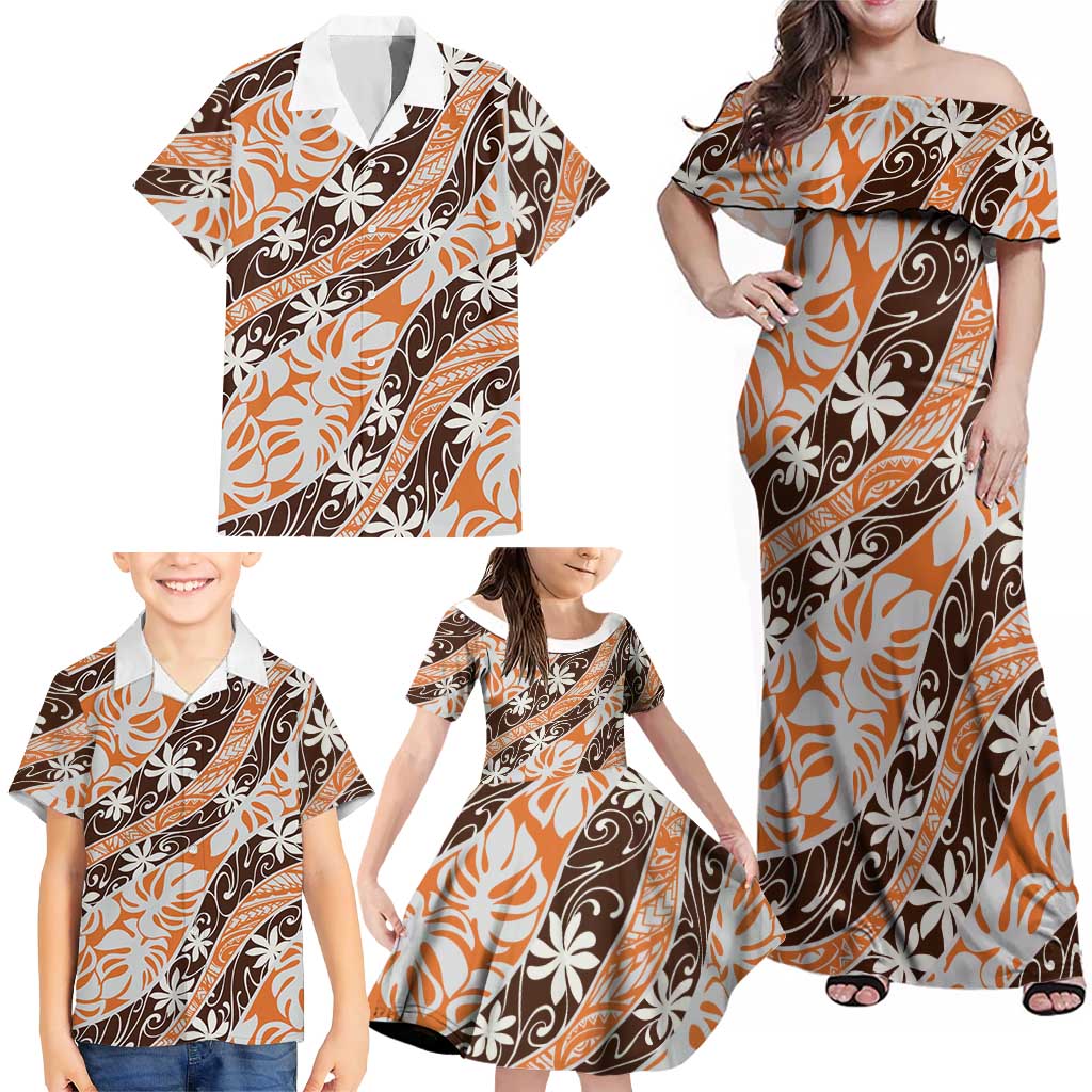 Puatou Tahiti Tiare Monstera Family Matching Off Shoulder Maxi Dress and Hawaiian Shirt Polynesian Pattern Curve Style LT01 - Polynesian Pride