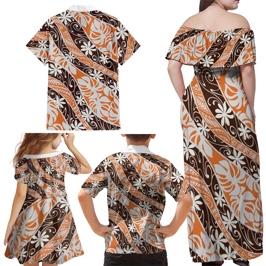 Puatou Tahiti Tiare Monstera Family Matching Off Shoulder Maxi Dress and Hawaiian Shirt Polynesian Pattern Curve Style LT01 - Polynesian Pride