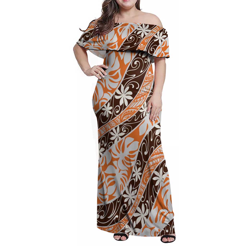 Puatou Tahiti Tiare Monstera Family Matching Off Shoulder Maxi Dress and Hawaiian Shirt Polynesian Pattern Curve Style LT01 Mom's Dress Orange - Polynesian Pride