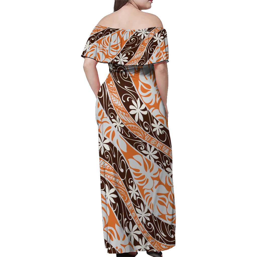 Puatou Tahiti Tiare Monstera Family Matching Off Shoulder Maxi Dress and Hawaiian Shirt Polynesian Pattern Curve Style LT01 - Polynesian Pride