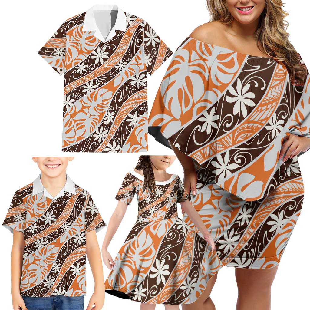Puatou Tahiti Tiare Monstera Family Matching Off Shoulder Short Dress and Hawaiian Shirt Polynesian Pattern Curve Style LT01 - Polynesian Pride