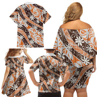 Puatou Tahiti Tiare Monstera Family Matching Off Shoulder Short Dress and Hawaiian Shirt Polynesian Pattern Curve Style LT01 - Polynesian Pride