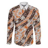Puatou Tahiti Tiare Monstera Family Matching Puletasi and Hawaiian Shirt Polynesian Pattern Curve Style LT01 Dad's Shirt - Long Sleeve Orange - Polynesian Pride