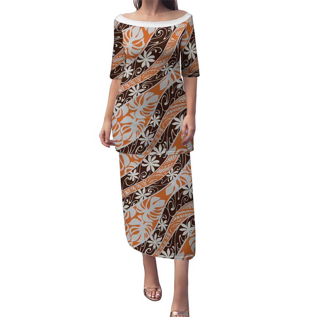 Puatou Tahiti Tiare Monstera Family Matching Puletasi and Hawaiian Shirt Polynesian Pattern Curve Style LT01 Mom's Dress Orange - Polynesian Pride