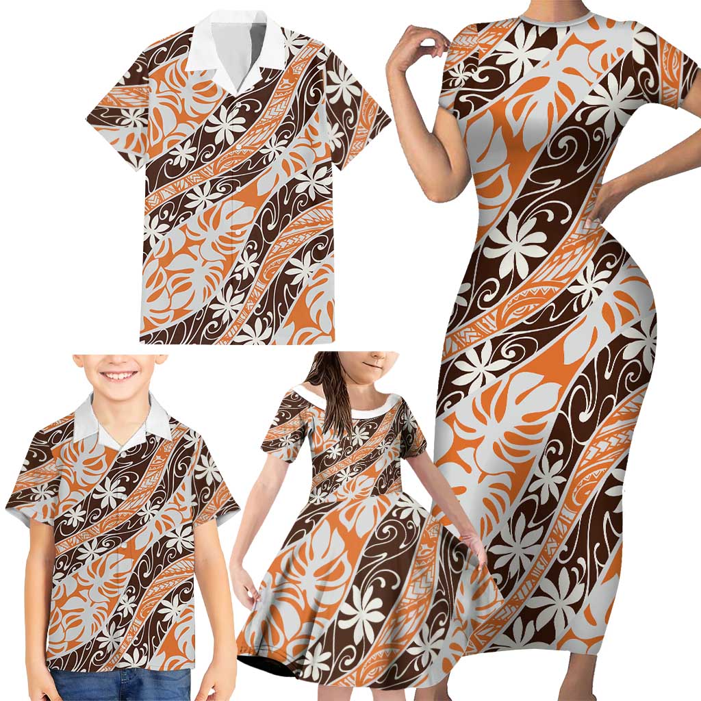 Puatou Tahiti Tiare Monstera Family Matching Short Sleeve Bodycon Dress and Hawaiian Shirt Polynesian Pattern Curve Style LT01 - Polynesian Pride