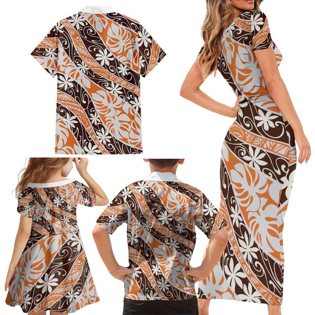 Puatou Tahiti Tiare Monstera Family Matching Short Sleeve Bodycon Dress and Hawaiian Shirt Polynesian Pattern Curve Style LT01 - Polynesian Pride