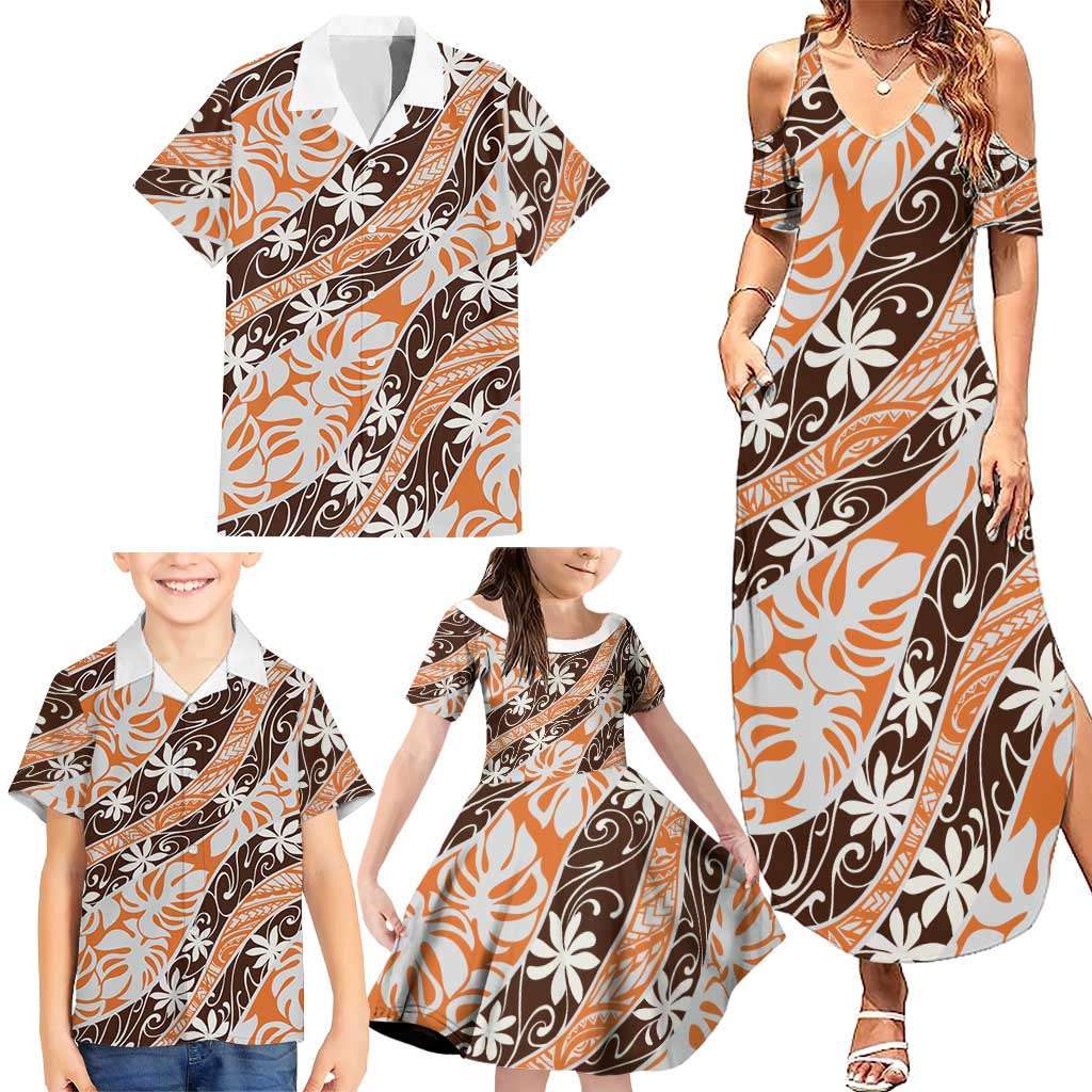 Puatou Tahiti Tiare Monstera Family Matching Summer Maxi Dress and Hawaiian Shirt Polynesian Pattern Curve Style LT01 - Polynesian Pride