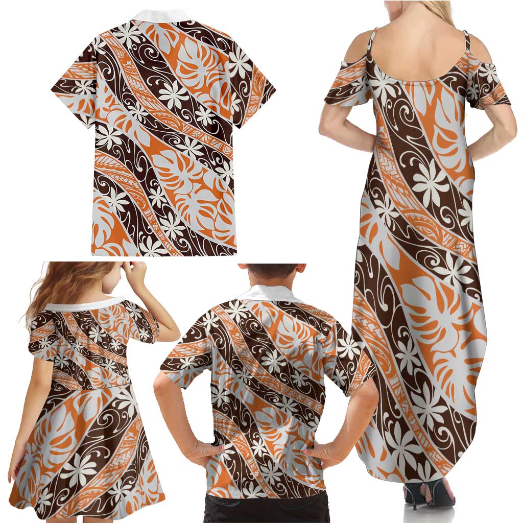 Puatou Tahiti Tiare Monstera Family Matching Summer Maxi Dress and Hawaiian Shirt Polynesian Pattern Curve Style LT01 - Polynesian Pride