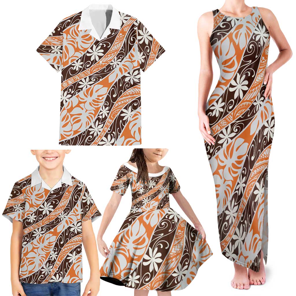 Puatou Tahiti Tiare Monstera Family Matching Tank Maxi Dress and Hawaiian Shirt Polynesian Pattern Curve Style - Polynesian Pride