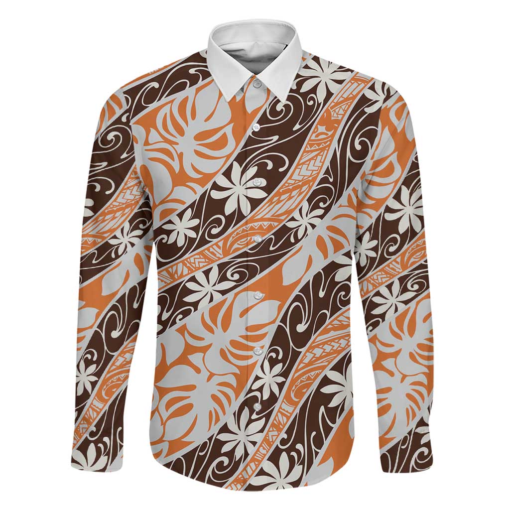 Puatou Tahiti Tiare Monstera Family Matching Tank Maxi Dress and Hawaiian Shirt Polynesian Pattern Curve Style LT01 Dad's Shirt - Long Sleeve Orange - Polynesian Pride