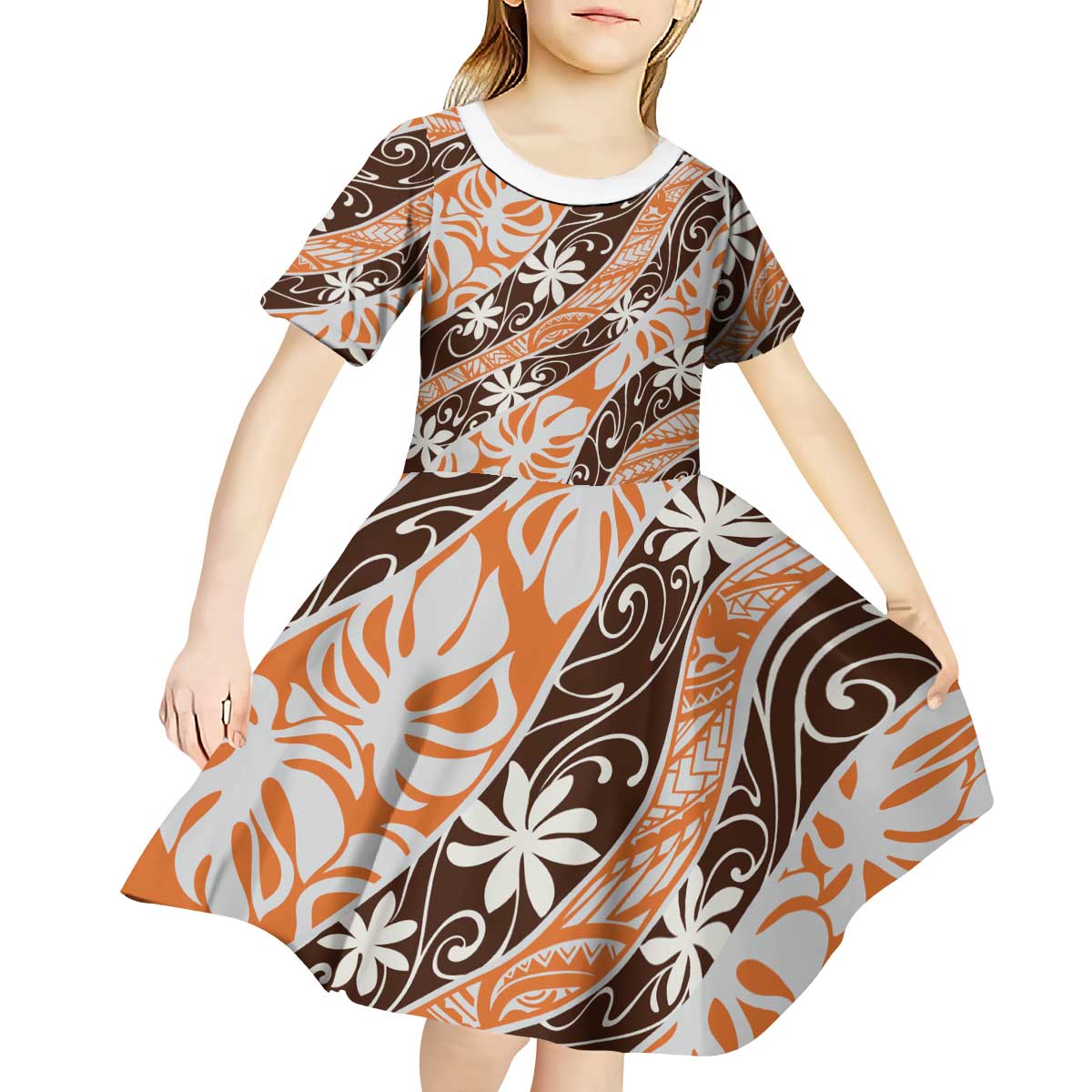 Puatou Tahiti Tiare Monstera Kid Short Sleeve Dress Polynesian Pattern Curve Style - Polynesian Pride
