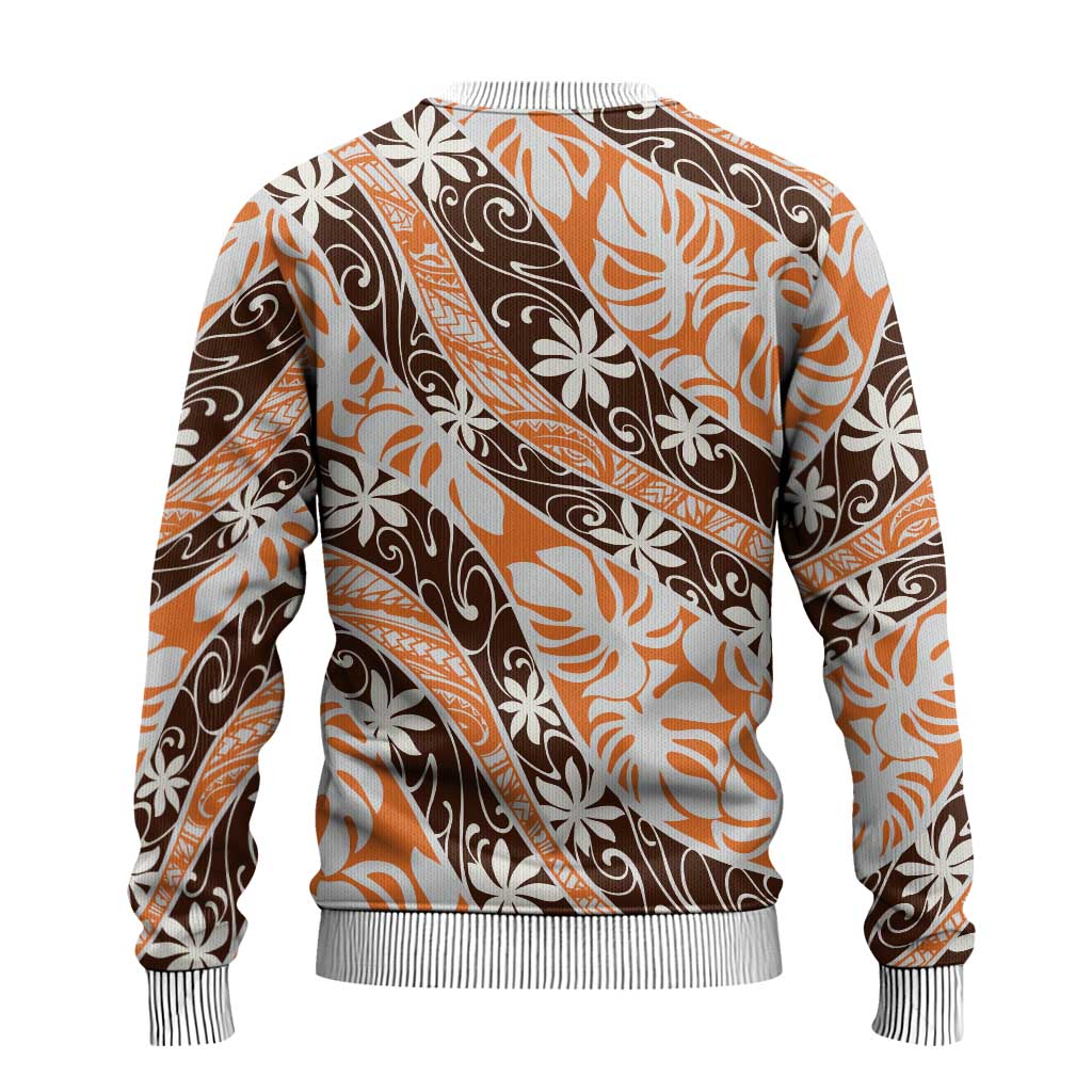 Puatou Tahiti Tiare Monstera Ugly Christmas Sweater Polynesian Pattern Curve Style - Polynesian Pride
