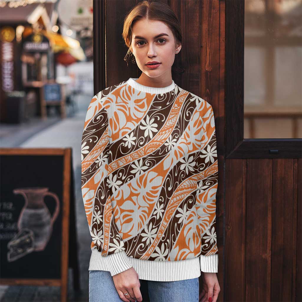 Puatou Tahiti Tiare Monstera Ugly Christmas Sweater Polynesian Pattern Curve Style - Polynesian Pride