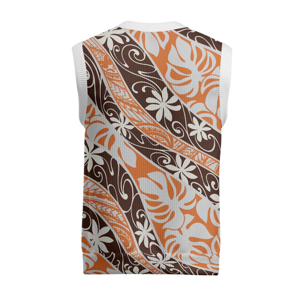 Puatou Tahiti Tiare Monstera Christmas Knitted V-Neck Vest Polynesian Pattern Curve Style - Polynesian Pride