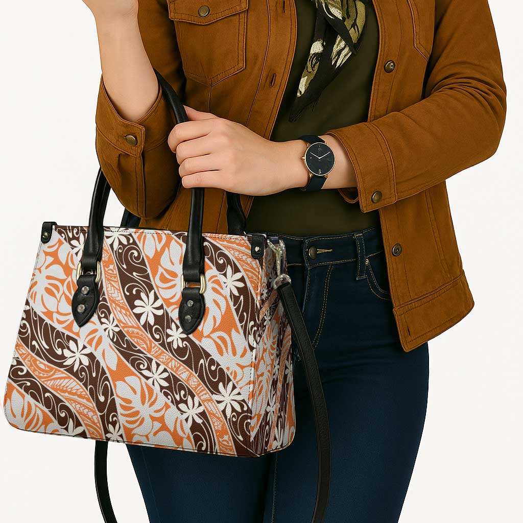 Puatou Tahiti Tiare Monstera Leather Bag Polynesian Pattern Curve Style - Polynesian Pride