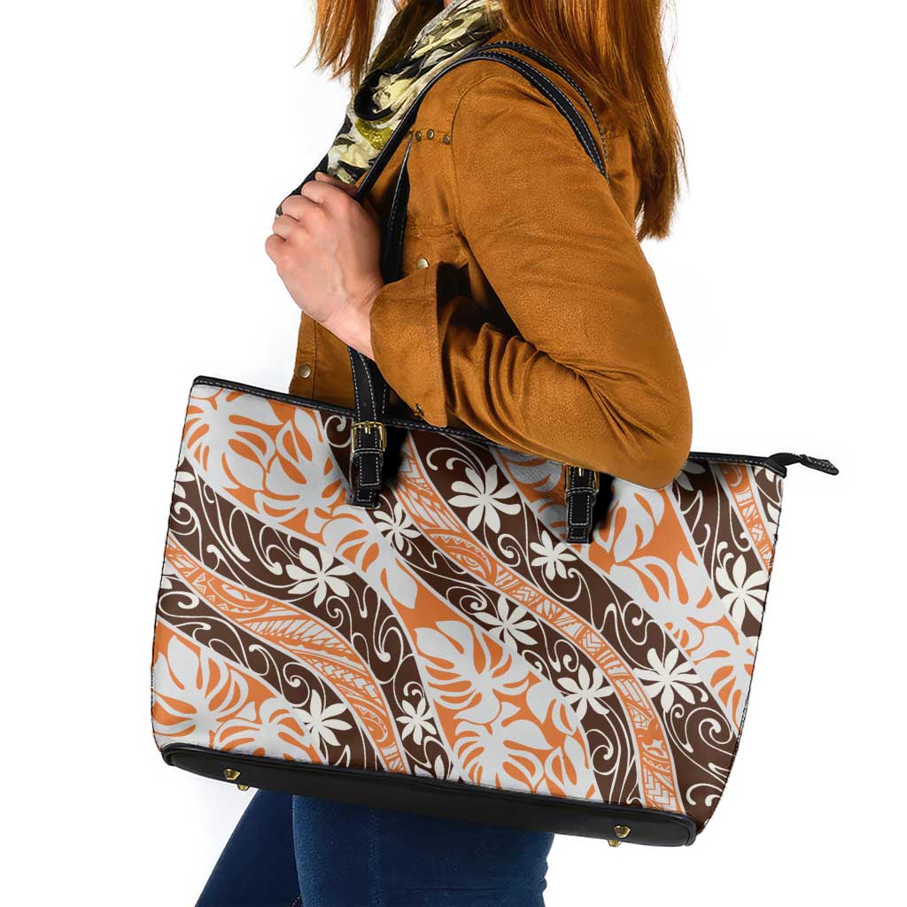 Puatou Tahiti Tiare Monstera Leather Tote Bag Polynesian Pattern Curve Style LT01 Orange - Polynesian Pride