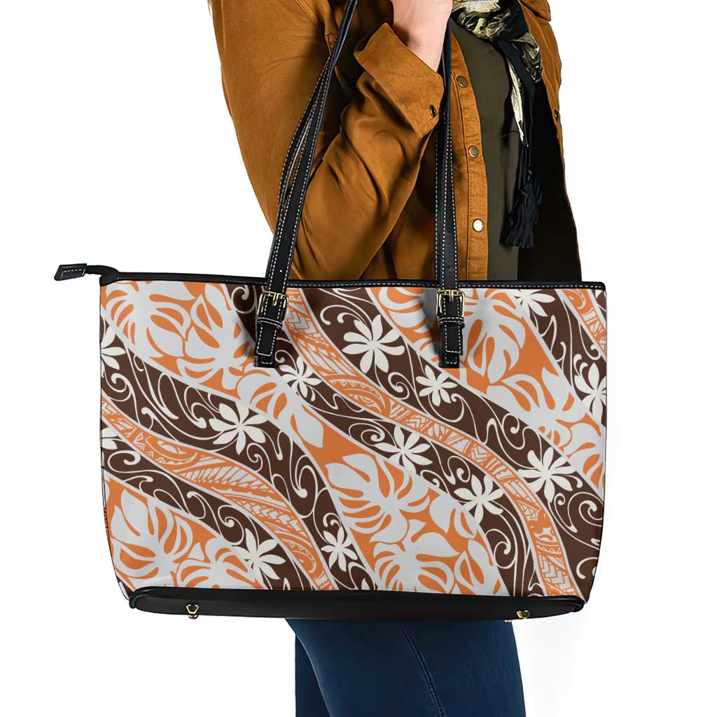 Puatou Tahiti Tiare Monstera Leather Tote Bag Polynesian Pattern Curve Style LT01 - Polynesian Pride