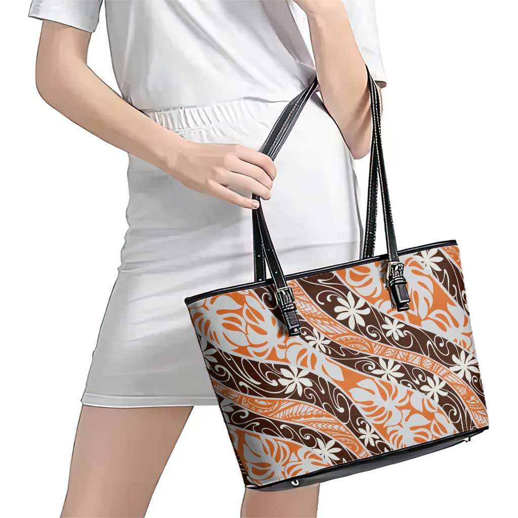 Puatou Tahiti Tiare Monstera Leather Tote Bag Polynesian Pattern Curve Style LT01 - Polynesian Pride