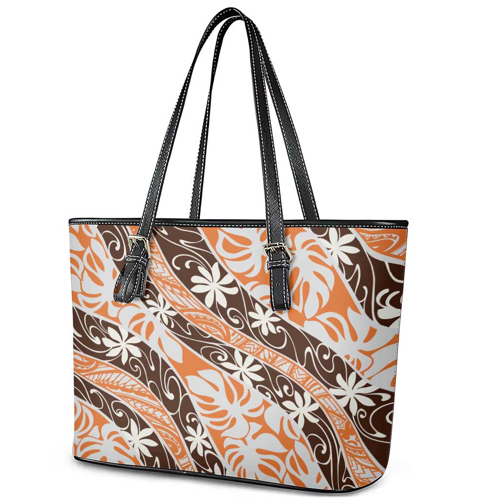 Puatou Tahiti Tiare Monstera Leather Tote Bag Polynesian Pattern Curve Style LT01 - Polynesian Pride