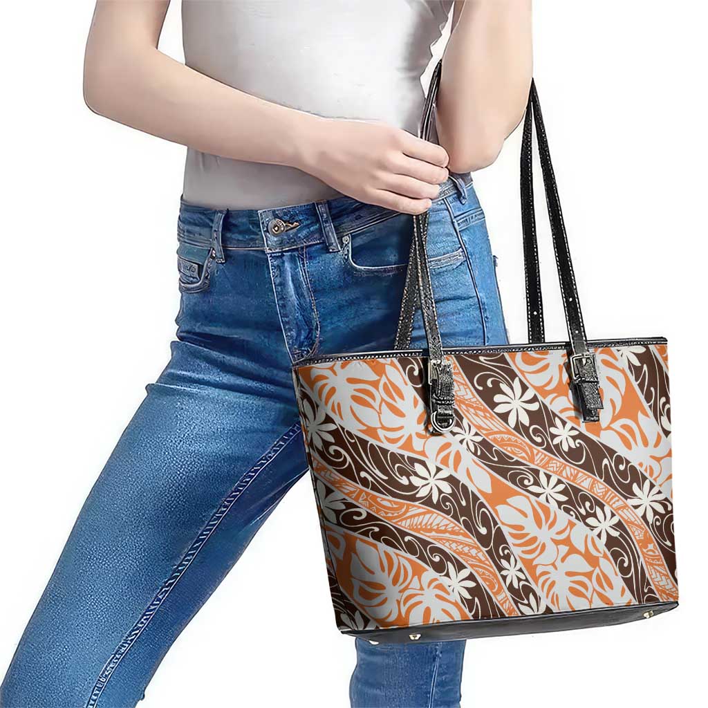 Puatou Tahiti Tiare Monstera Leather Tote Bag Polynesian Pattern Curve Style LT01 - Polynesian Pride