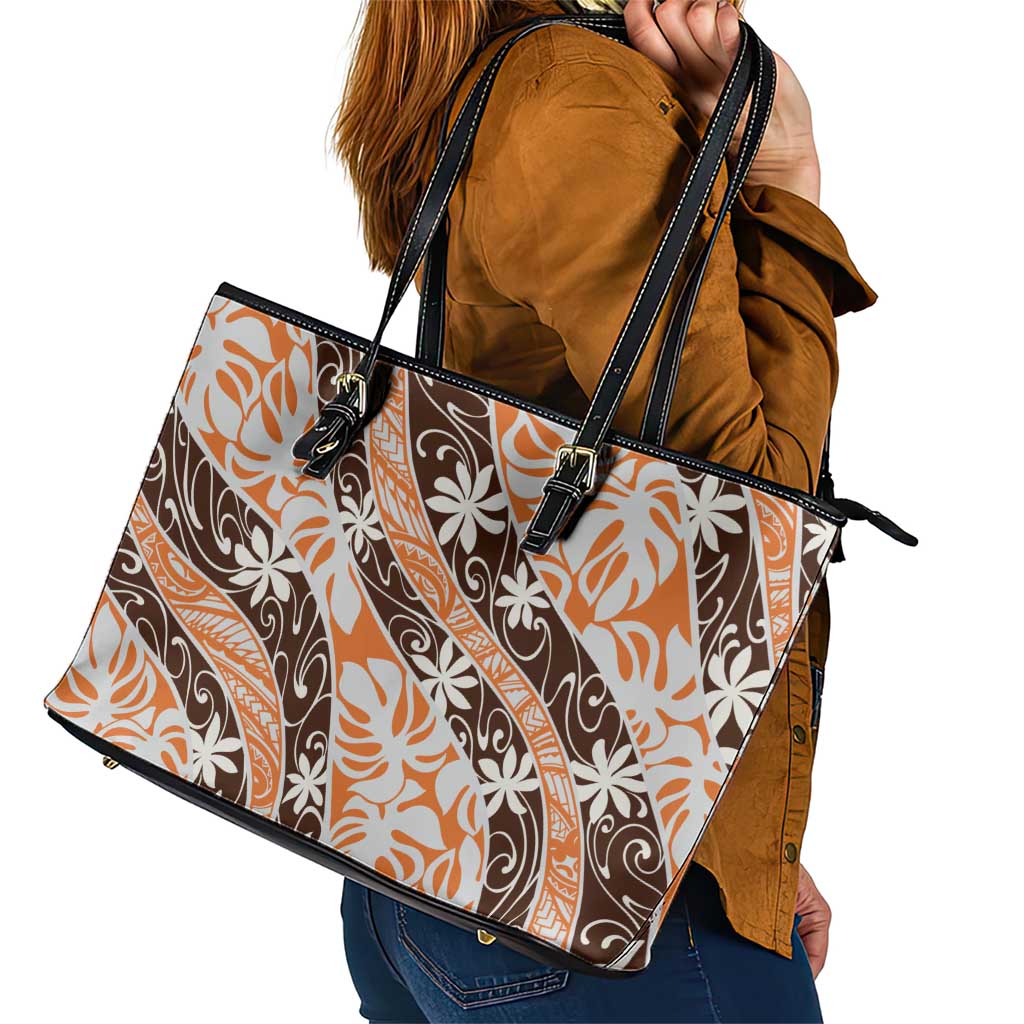 Puatou Tahiti Tiare Monstera Leather Tote Bag Polynesian Pattern Curve Style LT01 - Polynesian Pride