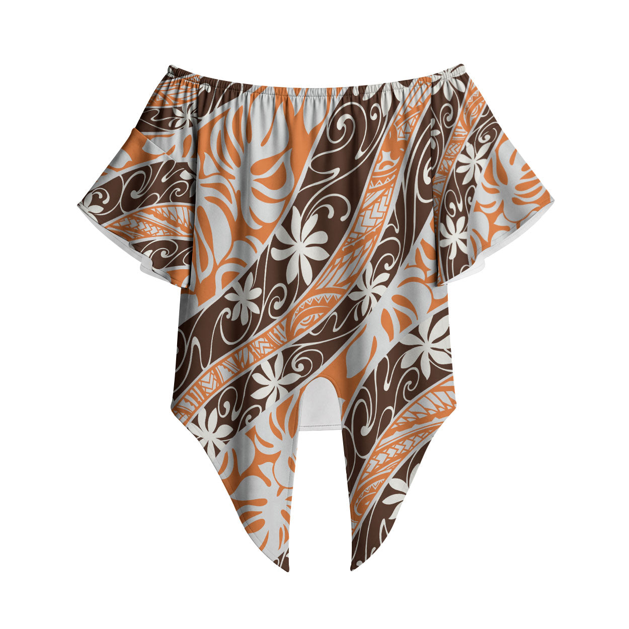 Puatou Tahiti Tiare Monstera Off Shoulder Wrap Waist Top Polynesian Pattern Curve Style LT01 Orange - Polynesian Pride