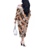Puatou Tahiti Tiare Monstera Off The Shoulder Long Sleeve Dress Polynesian Pattern Curve Style - Polynesian Pride