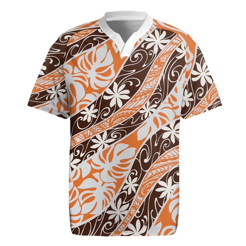 Puatou Tahiti Tiare Monstera Rugby Jersey Polynesian Pattern Curve Style - Polynesian Pride