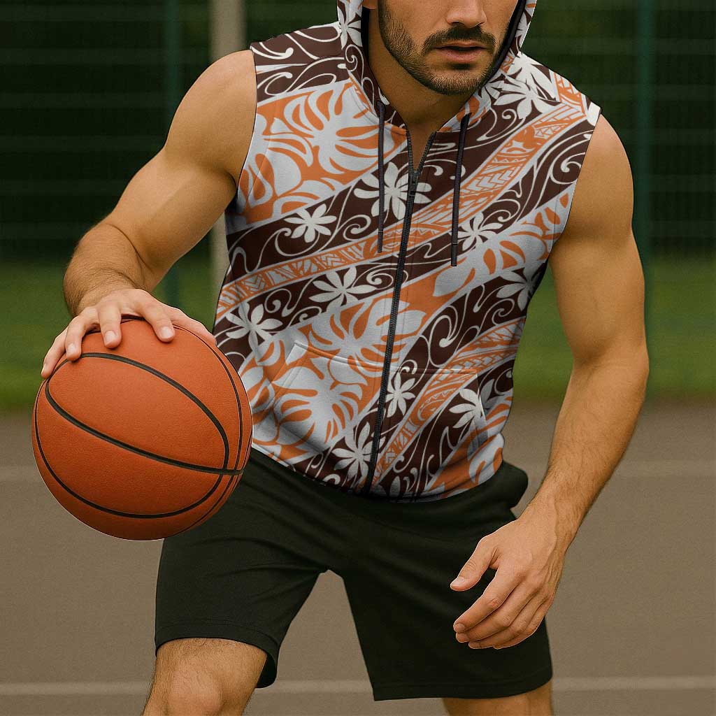 Puatou Tahiti Tiare Monstera Sleeveless Zip Hoodie Polynesian Pattern Curve Style - Polynesian Pride