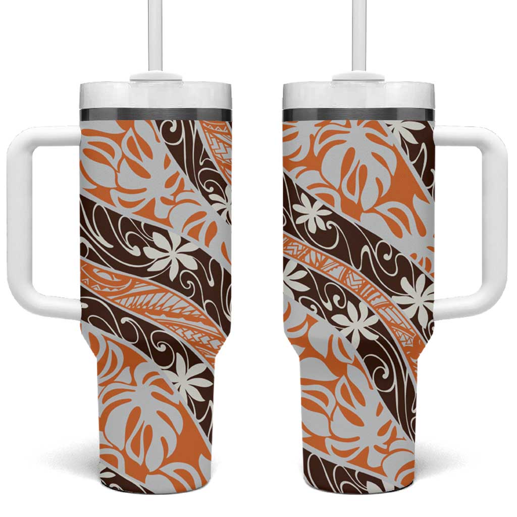 Puatou Tahiti Tiare Monstera Tumbler With Handle Polynesian Pattern Curve Style LT01 One Size: 40 oz Orange - Polynesian Pride