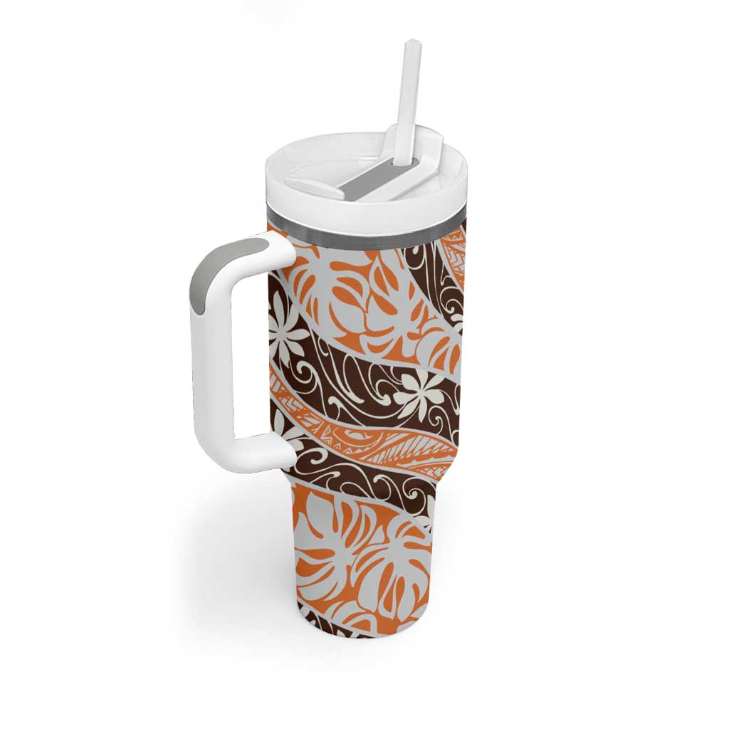 Puatou Tahiti Tiare Monstera Tumbler With Handle Polynesian Pattern Curve Style LT01 - Polynesian Pride