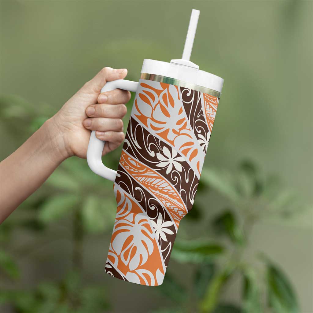 Puatou Tahiti Tiare Monstera Tumbler With Handle Polynesian Pattern Curve Style LT01 - Polynesian Pride