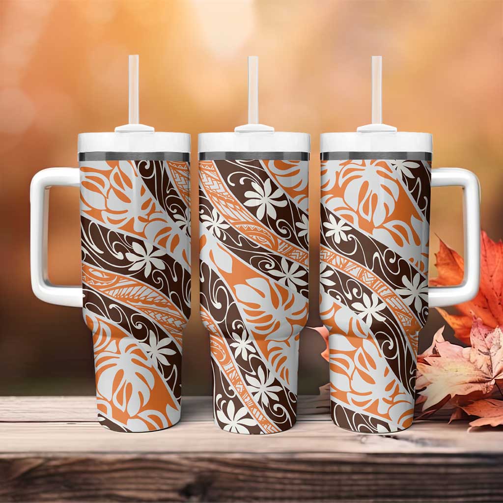 Puatou Tahiti Tiare Monstera Tumbler With Handle Polynesian Pattern Curve Style LT01 - Polynesian Pride
