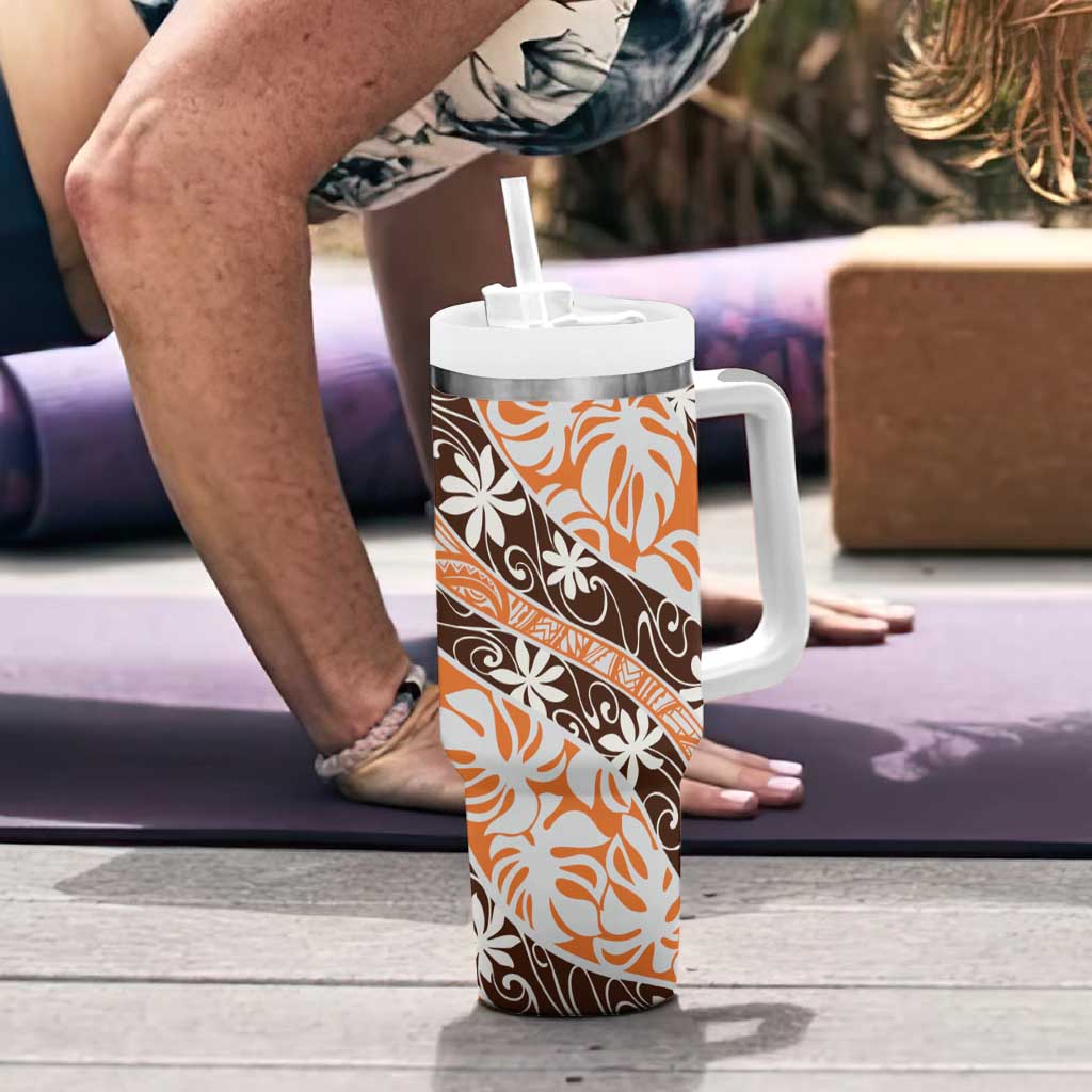 Puatou Tahiti Tiare Monstera Tumbler With Handle Polynesian Pattern Curve Style LT01 - Polynesian Pride