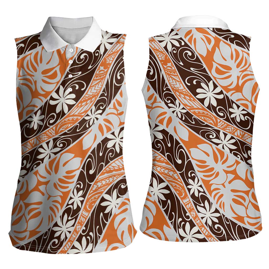 Puatou Tahiti Tiare Monstera Women Sleeveless Polo Shirt Polynesian Pattern Curve Style - Polynesian Pride