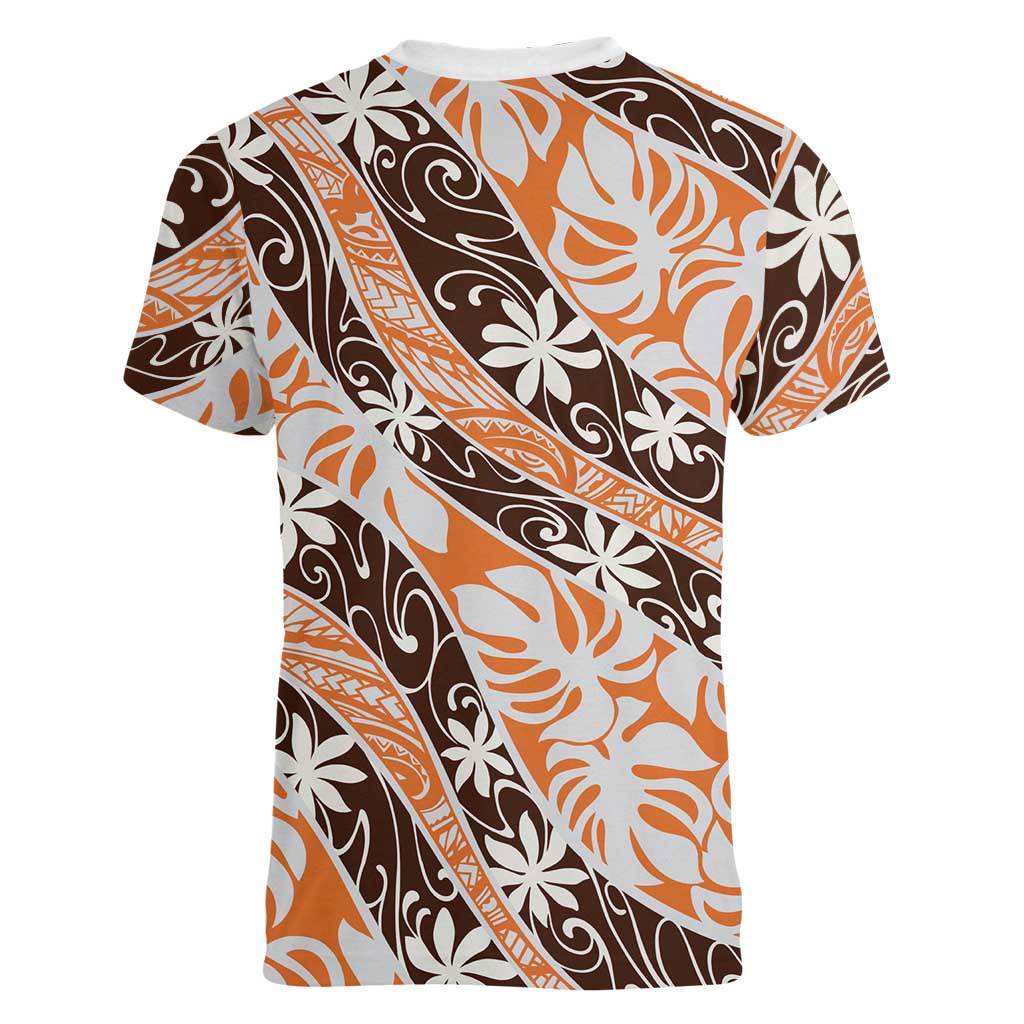 Puatou Tahiti Tiare Monstera Women V-Neck T-Shirt Polynesian Pattern Curve Style - Polynesian Pride