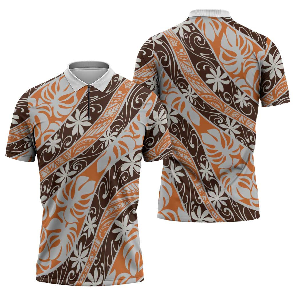 Puatou Tahiti Tiare Monstera Zipper Polo Shirt Polynesian Pattern Curve Style - Polynesian Pride