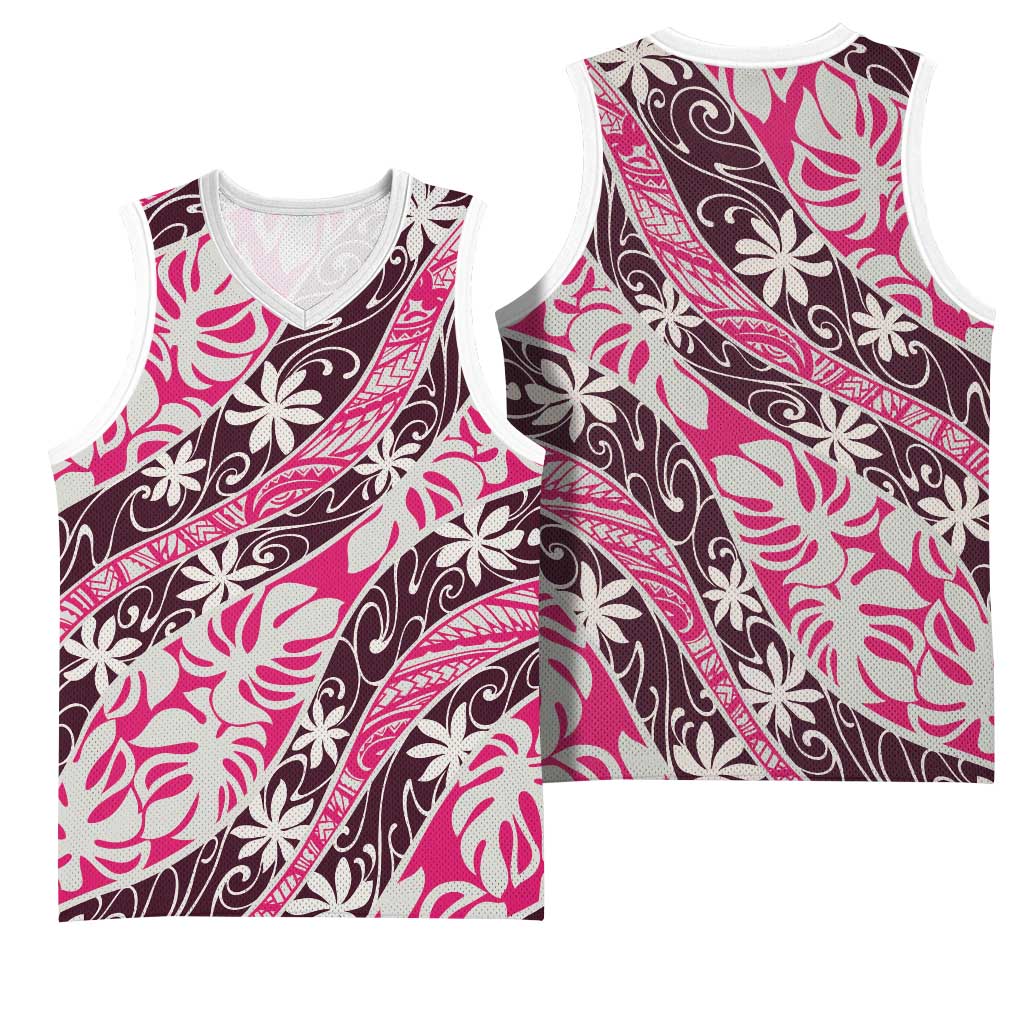 Tarona Tahiti Tiare Monstera Basketball Jersey Polynesian Pattern Curve Style - Polynesian Pride