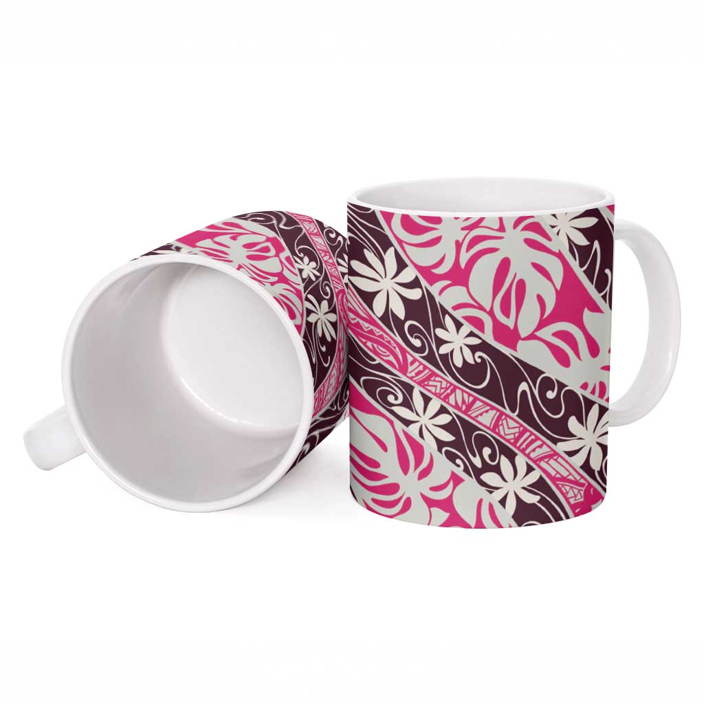 Tarona Tahiti Tiare Monstera Ceramic Mug Polynesian Pattern Curve Style - Polynesian Pride