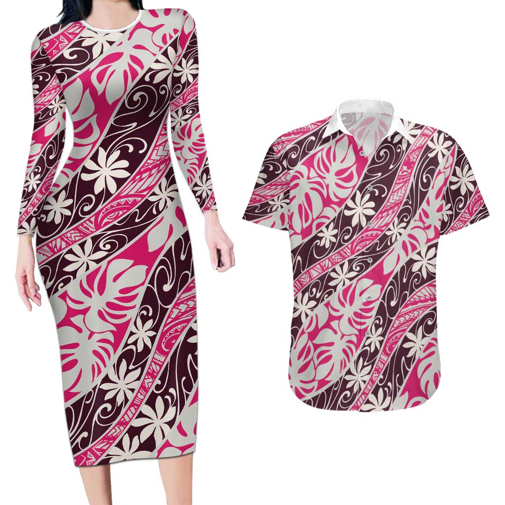 Tarona Tahiti Tiare Monstera Couples Matching Long Sleeve Bodycon Dress and Hawaiian Shirt Polynesian Pattern Curve Style LT01 Pink - Polynesian Pride