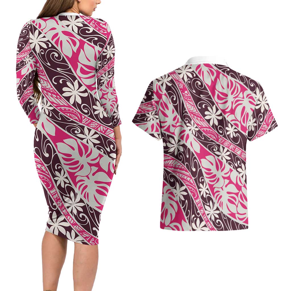 Tarona Tahiti Tiare Monstera Couples Matching Long Sleeve Bodycon Dress and Hawaiian Shirt Polynesian Pattern Curve Style LT01 - Polynesian Pride