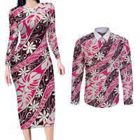 Tarona Tahiti Tiare Monstera Couples Matching Long Sleeve Bodycon Dress and Long Sleeve Button Shirt Polynesian Pattern Curve Style LT01 Pink - Polynesian Pride